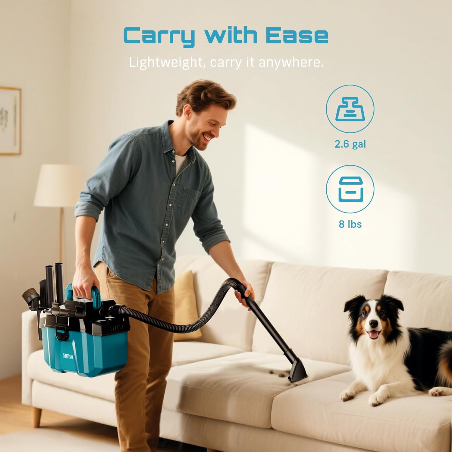 Seesii Battery Wet and Dry Vacuum Cleaner, 3-in-1 Workshop Vacuum Cleaner with Blower, 10L 2-Speed Wet & Dry Vacuum Cleaner with Shoulder Strap, 4 Wheels and Attachments, Ideal for Workshop/Car – Bild 4