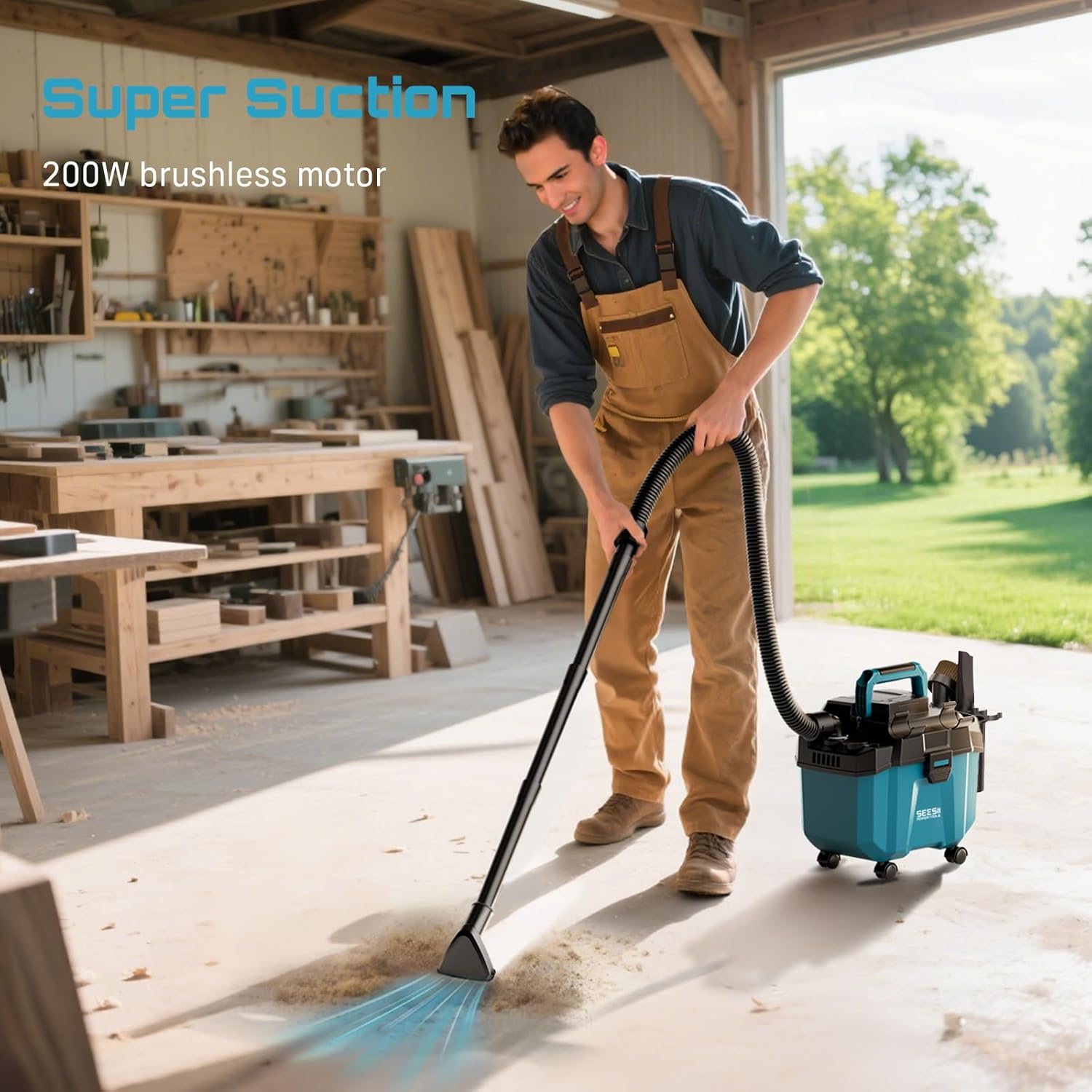 Seesii Battery Wet and Dry Vacuum Cleaner, 3-in-1 Workshop Vacuum Cleaner with Blower, 10L 2-Speed Wet & Dry Vacuum Cleaner with Shoulder Strap, 4 Wheels and Attachments, Ideal for Workshop/Car – Bild 7