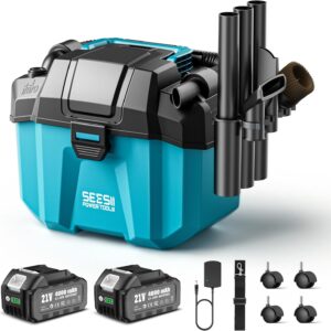 Seesii Battery Wet and Dry Vacuum Cleaner, 3-in-1 Workshop Vacuum Cleaner with Blower, 10L 2-Speed Wet & Dry Vacuum Cleaner with Shoulder Strap, 4 Wheels and Attachments, Ideal for Workshop/Car