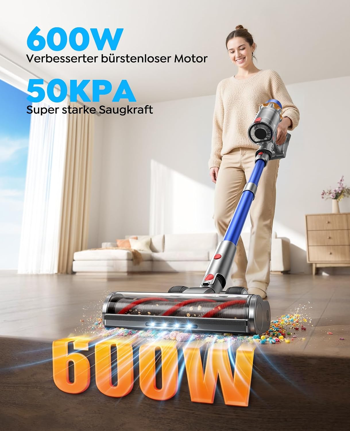 Fieety 130 Min/50 kPa/600 W Cordless Vacuum Cleaner with 2 Batteries – Bild 3